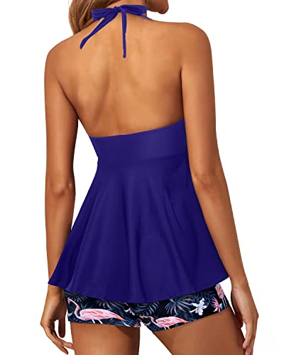 Flowy Twist Front Tankini Swimwear For Women Boy Shorts-Blue Flamingo