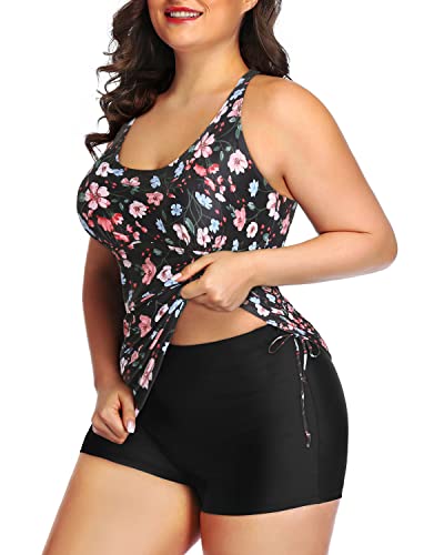 Athletic Two Piece Swimwear Shorts For Plus Size-Black And Pink Floral
