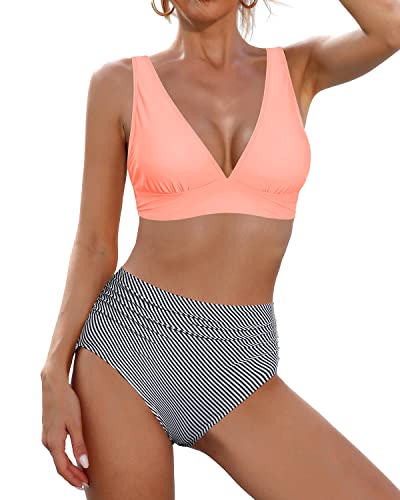Ruched High Waisted Bikini Tummy Control Bathing Suit V Neck Swimwear-Coral Pink Stripe