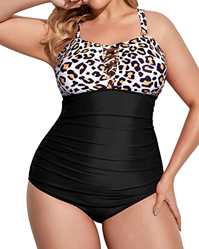 Lace Up Deep V Neck Tummy Control Plus Size One Piece Swimsuits-Black And Leopard