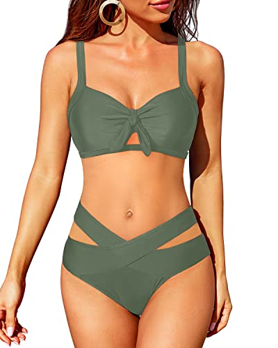 Criss Cross High Waisted Bikini Bottom Bowknot For Teen Girl Bikini-Olive Green