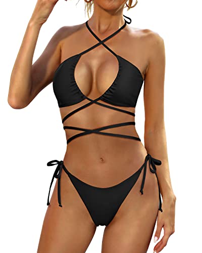 Two Piece Bikini Set Sexy Strappy Swimsuits For Women-Black