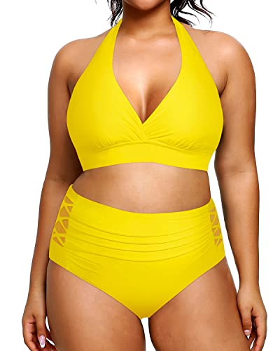 Women's Two Piece Plus Size Halter Bikini Swimsuit For Tummy Control-Neon Yellow