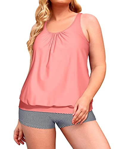 Plus Size Blouson Tankini Boy Shorts Swimsuits For Women-Coral Pink Stripe