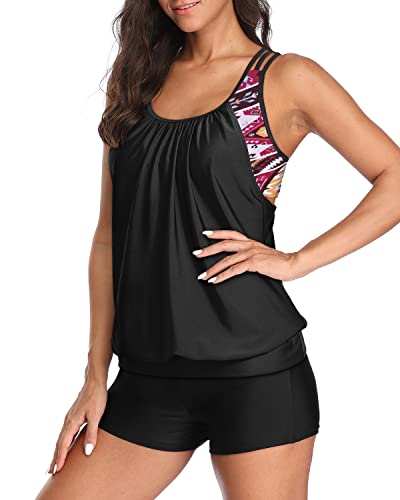 Ladies Layered Design Tankini Tops Long Swim Shorts-Black