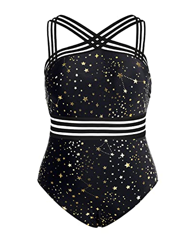 Slimming High Neck Swimwear Plus Size One Piece Swimsuit-Gold Stars