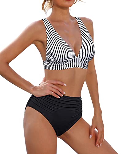 Two-Piece High Waisted Bikini Tummy Control Bathing Suit V Neck Swimwear-Black And White Stripe