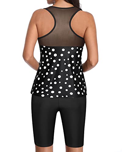 Modest Tankini Bathing Suits Racerback Swim Tops And Long Swim Shorts-Black Dot