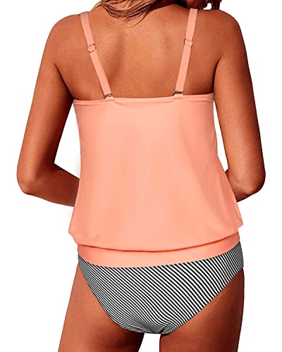 Mid Waist Tummy Control Swimsuits For Women 2 Piece Tankini-Coral Pink Stripe