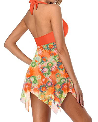 Athletic Push Up Padded Bra One Piece Bathing Suit Skirt-Orange