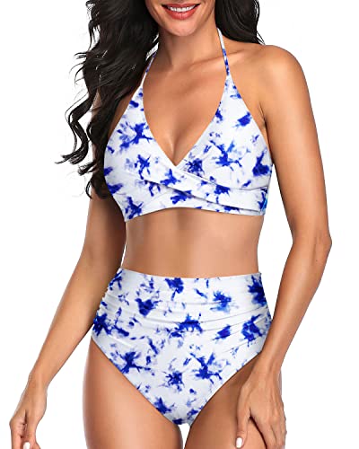 Adjustable Self-Tie Straps Two-Piece High Waisted Bathing Suit-Blue Tie Dye