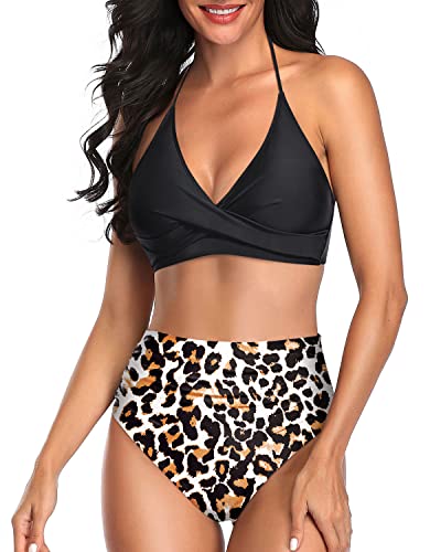 Criss Cross Twist Front Bikini Tummy Control Swimsuits Two Piece-Black And Leopard