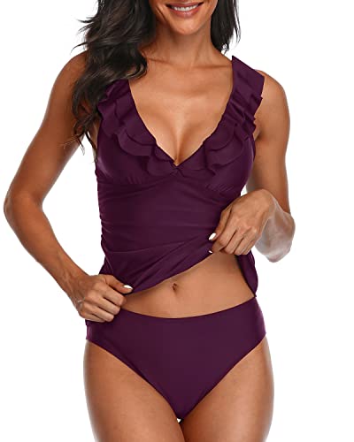 Ruffle Flounce Tankini Ruched Swimwear For Women-Maroon