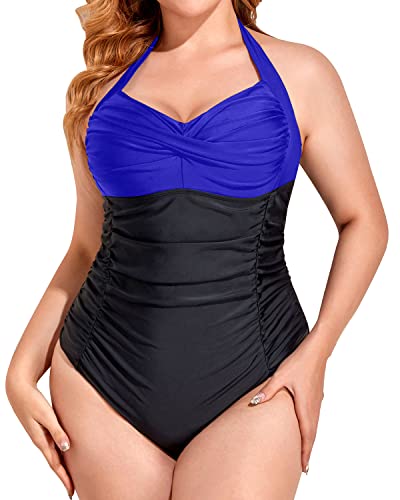 Slimming Looking Ruched Plus Size One Piece Swimsuit-Royal Blue And Black