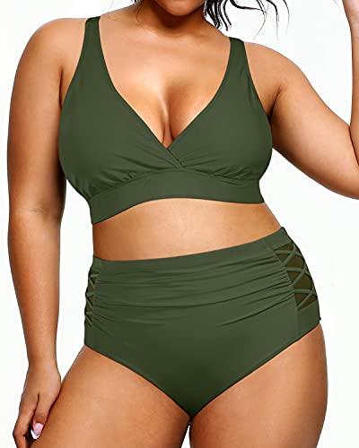 High Waisted Plus Size Bikini Swimsuits Two Piece Bathing Suits-Army Green