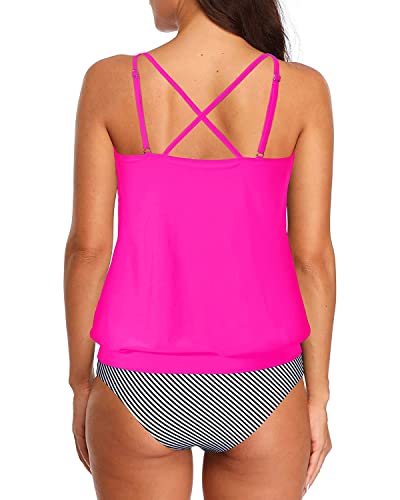 Elastic Band Two Piece Blouson Tankini Swimsuits For Women-Hot Pink Stripe