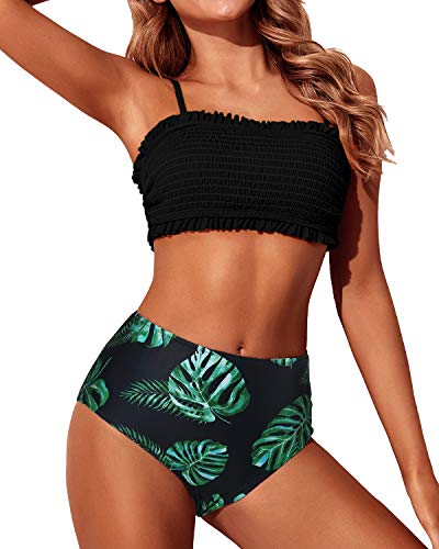 Strapless Ruffle Off Shoulder Bandeau Bikini Set High Waisted Bottoms-Black Leaf