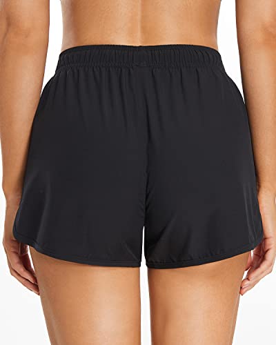 Athletic Sporty Boardshorts Pockets Swim Bottom Trunks For Teens Girls-Black