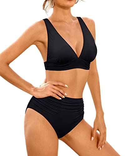 Women V Neck High Waisted Bikini Tummy Control Two Piece Bikini Set-Black