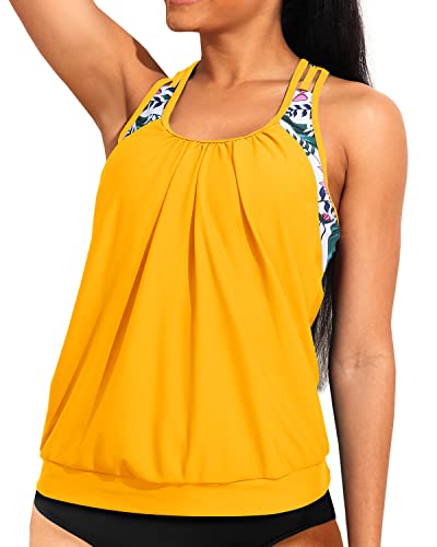 Ladies Tummy Control Long Swim Tank Top Modest Tankini Swimsuit-Yellow Floral