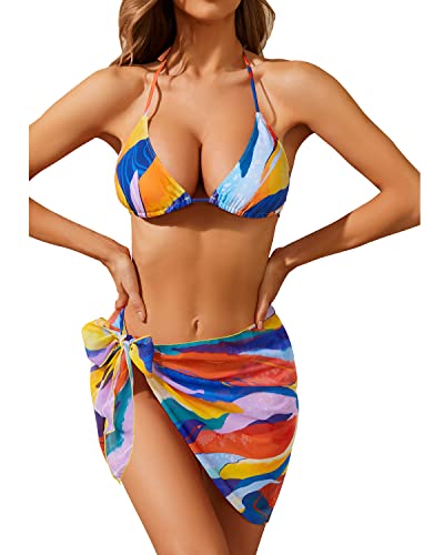 Flirty Tie-Side Bikini Bottom Mesh Beach Skirt Vintage Three Piece Bikini-Colorful