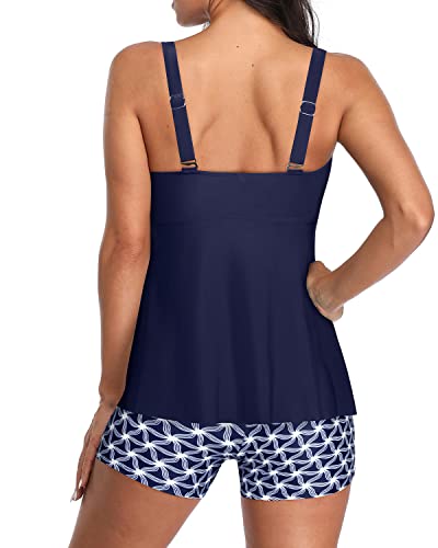 Vintage High Waisted Two Piece V Neck Tankini Swimsuits For Women-Navy Blue Tribal