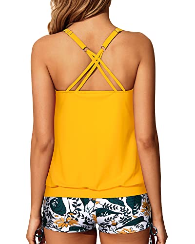 Loose Fit Criss Cross Swimwear Tankini Swimsuits Full Coverage Boy Shorts-Yellow Floral