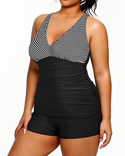 Ruched Plus Size Athletic Tankini Two Piece Swimsuits Shorts-Black And White Stripe