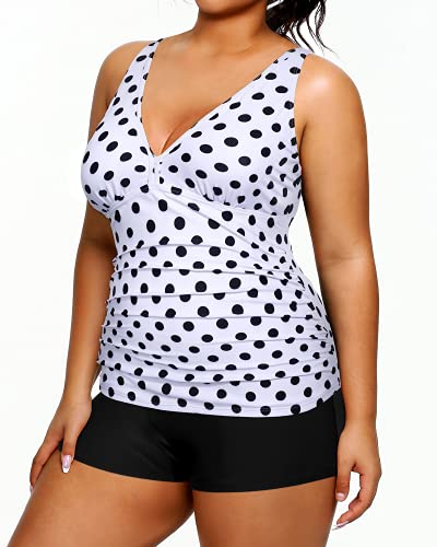 Two Piece Deep V Neck Plus Size Swimsuits Shorts Tummy Control Tankini-Black Dot