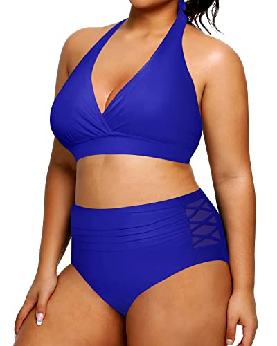 V Neck Two Piece Plus Size Halter Bikini Swimsuits Push Up Pads-Royal Blue