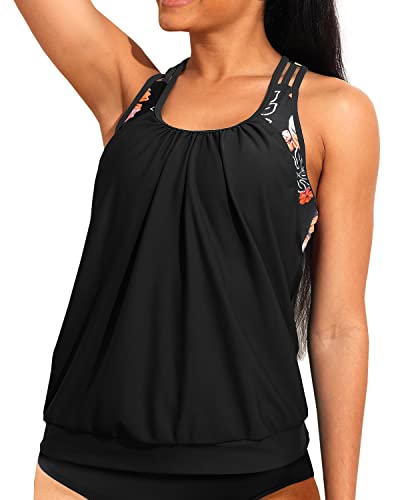 Blouson Tankini Top Only Sporty Bathing Suit Top No Bottoms-Black Floral