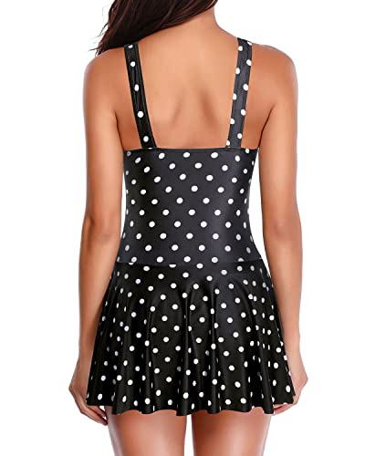 Stylish Tummy Control Long Swim Dress Ruched Detailing For Women-Black Polka Dot