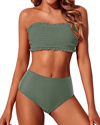 Two Piece Smocked Ruffle Off Shoulder Bikini Set High Waisted Bottoms-Army Green