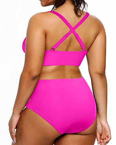 V Neck Plus Size Bikini Two Piece Bathing Suits Slimming Swimwear-Neon Pink