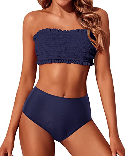 Women's Bandeau Bikini Set Two Piece Smocked Swimsuits-Navy Blue