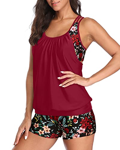 Ladies Sporty T-Back Tankini Swimwear Tummy Control Boy Shorts-Red Floral