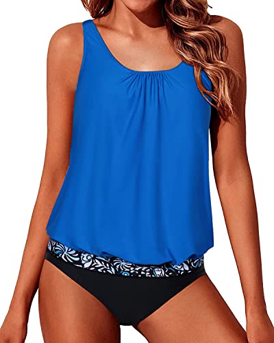 Loose Fit Swimwear Blouson Tankini For Women-Bright Blue And Black Flo ...