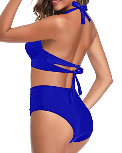 2 Piece High Waisted Bikini Tummy Control Retro Halter Twist Front Swimwear-Royal Blue