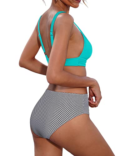 V Neck Two Piece High Waisted Bikini Tummy Control Bathing Suit-Aqua Stripe