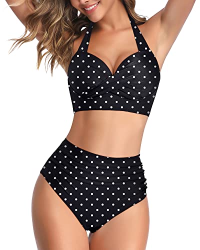 Women's 2 Piece High Waisted Bikini Swimsuits Tummy Control Bathing Suits-Black Dot