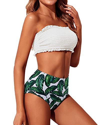 Smocked Off Shoulder Bandeau Bikini Top And Cheeky High Waisted Bottom-White Leaf