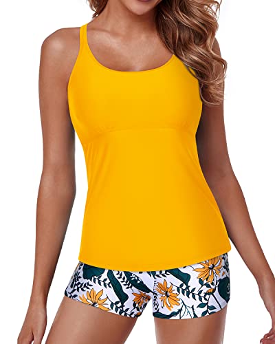 Tummy Control Two Piece Tankini Swimsuits For Women Boy Shorts-Yellow Floral