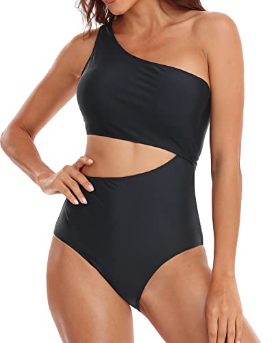 Sexy One Shoulder One Piece Cutout Swimsuit Monokini For Women-Black