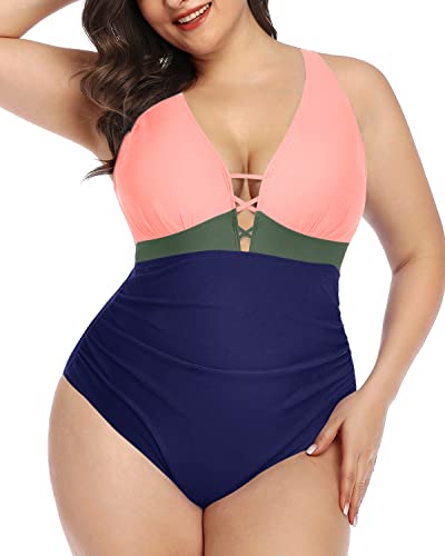 Sexy Deep V Neck One Piece Swimsuit Lace Up Front For Women-Pink Green Blue