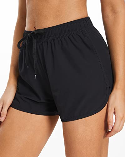 Athletic Sporty Boardshorts Pockets Swim Bottom Trunks For Teens Girls-Black