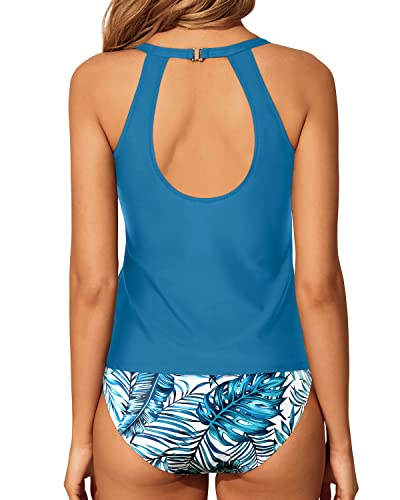 Backless Tankini Set Halter Top & Tummy Control Bottoms For Women-Blue Leaf