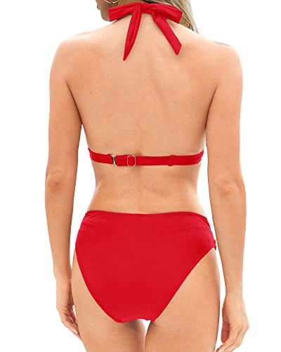 Push Up Women Two Piece Bikini Set Halter Swimsuit Vintage Swimwear-Red