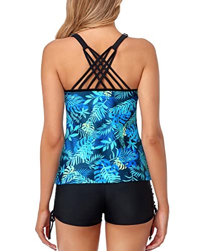 High Waist Boy Shorts Tankini Bathing Suits For Women-Blue Leaves