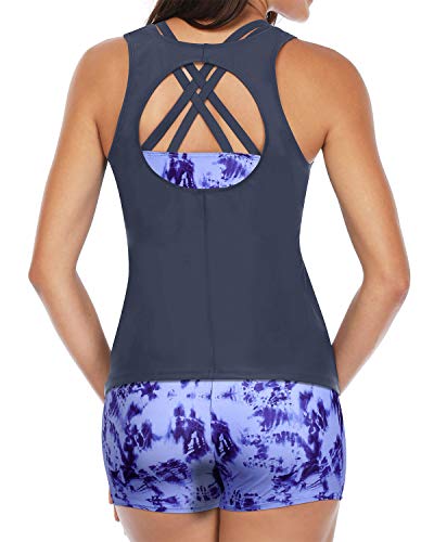 Flattering Padded Tankini Top Shorts-Gray Blue Tie-Dye