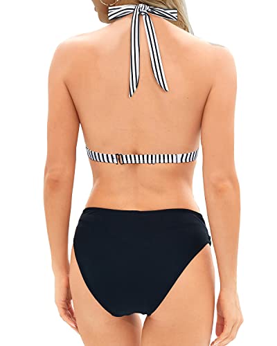 Push Up Bikini Top Halter Swimsuit Two Piece Bathing Suits For Women-Black And White Stripe